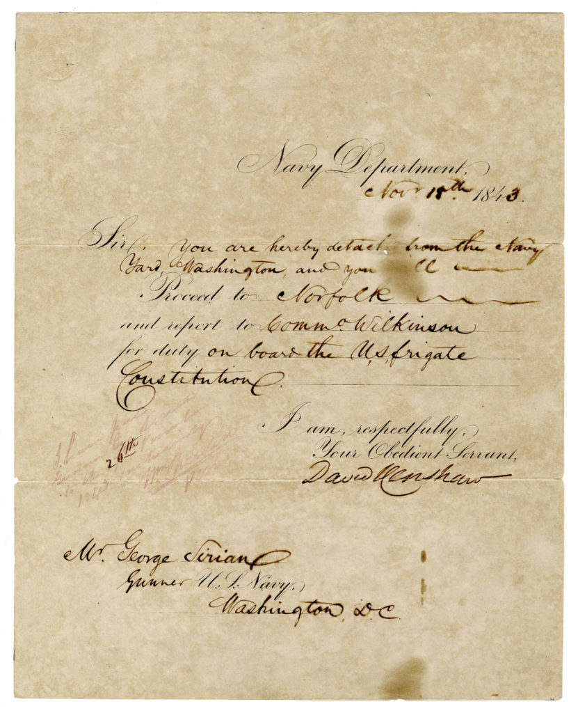 Letter regarding Gunner George Sirian’s orders to USS Constitution, November 18, 1843. Part of the George Sirian Collection, 1809-1929. [Marian Fitchett Gift]