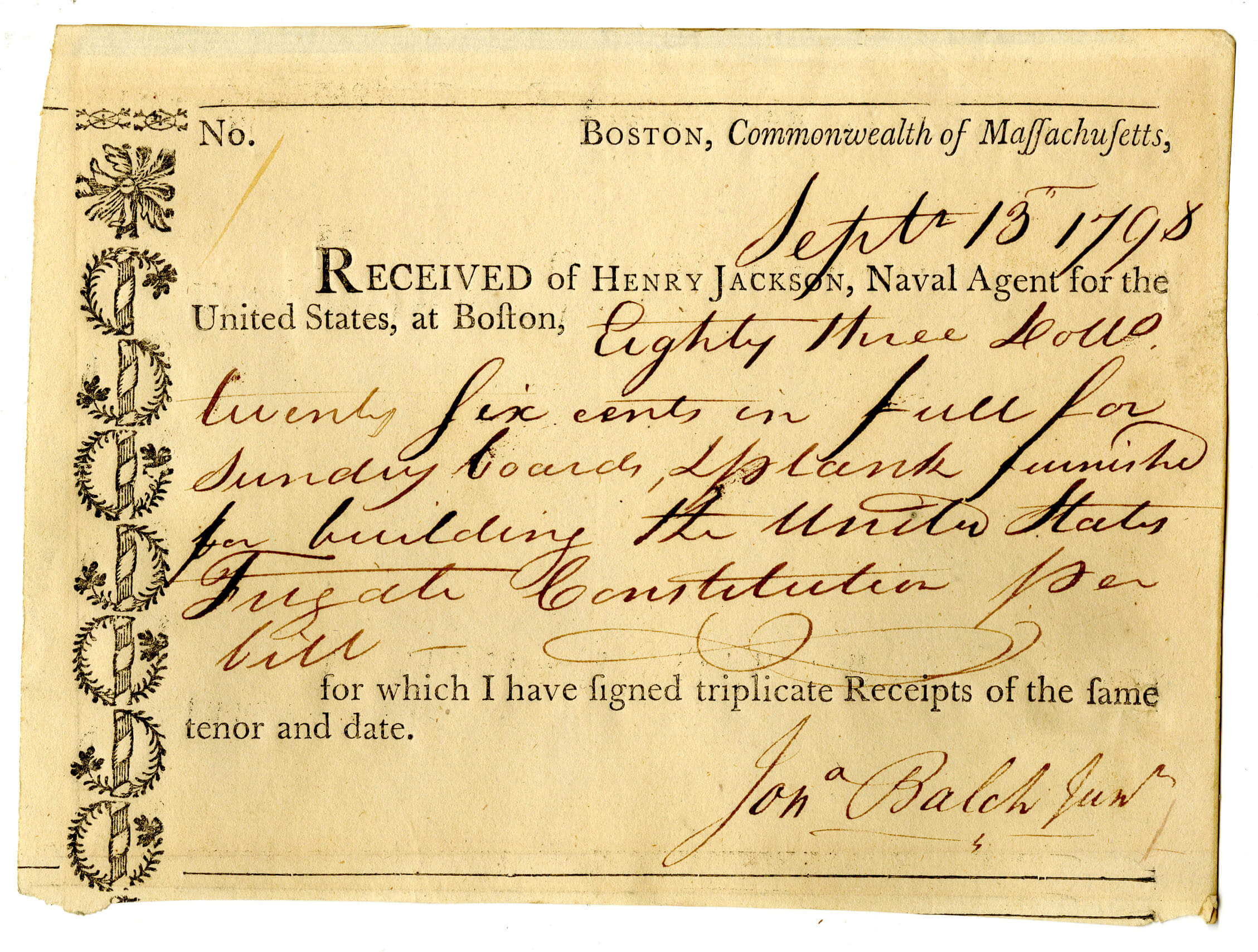 Receipt for sundry boards and planks furnished for building USS Constitution, September 13, 1798. [Alexander Gaston Gift]