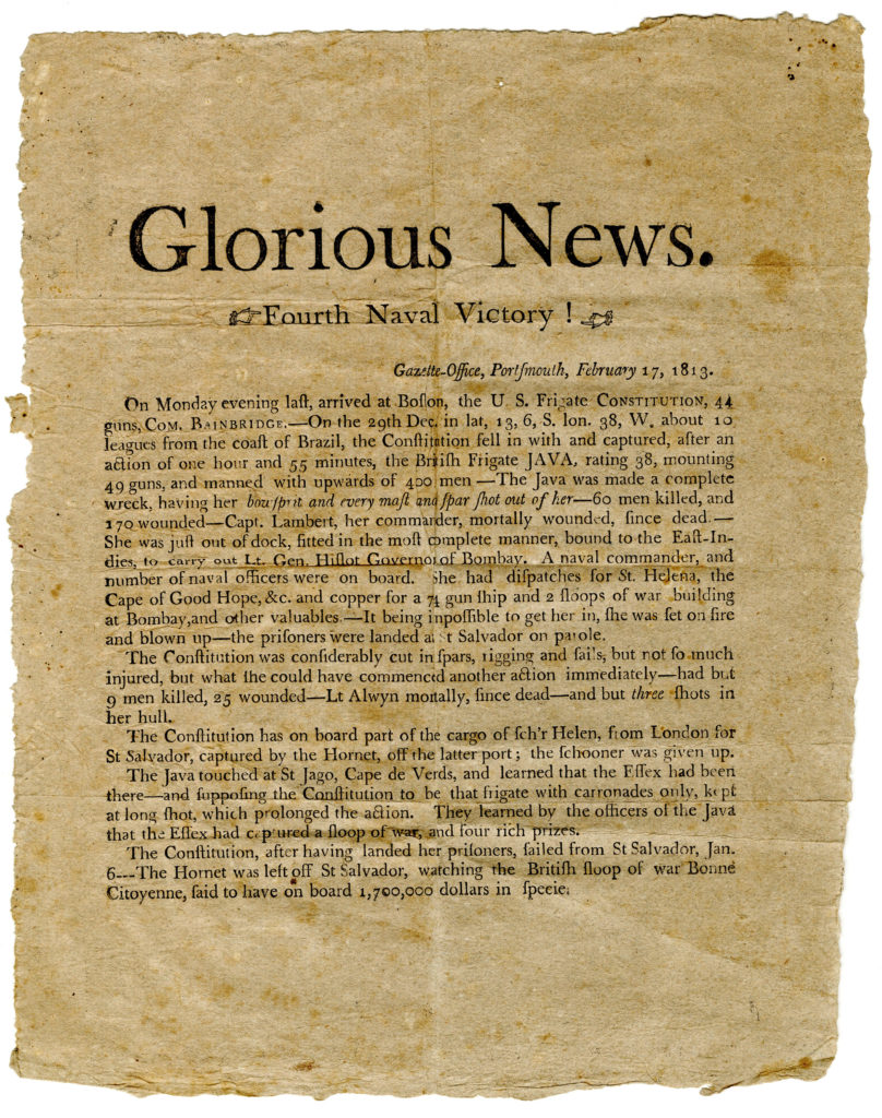 Broadside announcing USS Constitution's victory over HMS Java, February 17, 1813. [Commodores Fund Purchase]