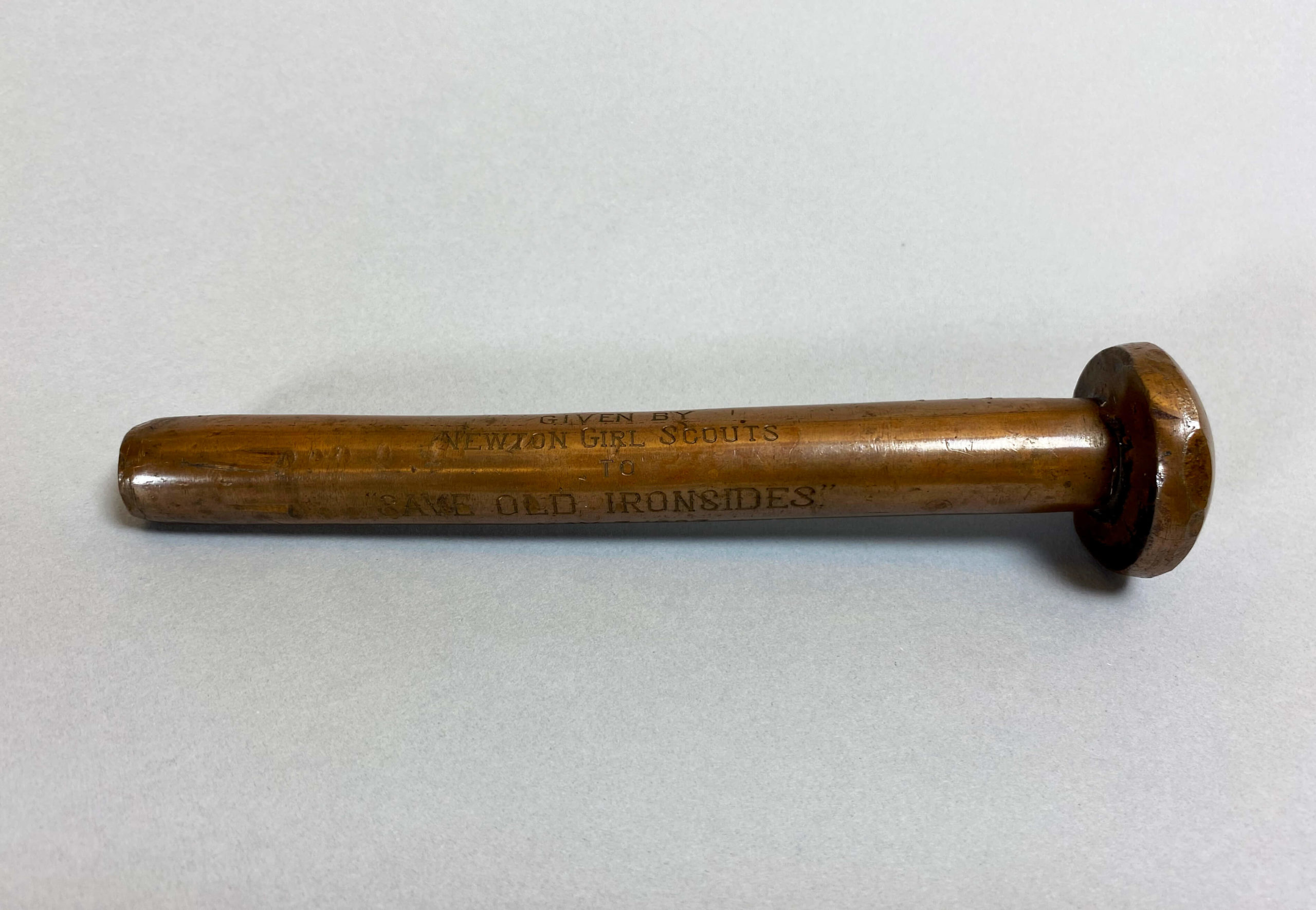 Souvenir bronze spike presented by the Newton Girl Scouts to Lieutenant John A. Lord, May 7, 1927. [Gary Rajcok Gift]