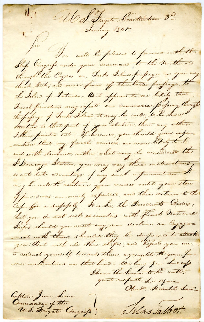 Letter from USS Constitution Captain Silas Talbot to Captain James Sever of USS Congress, January 1801. Part of the James Sever Collection, bulk dates: 1794 to 1801. [Commodores Fund Purchase]